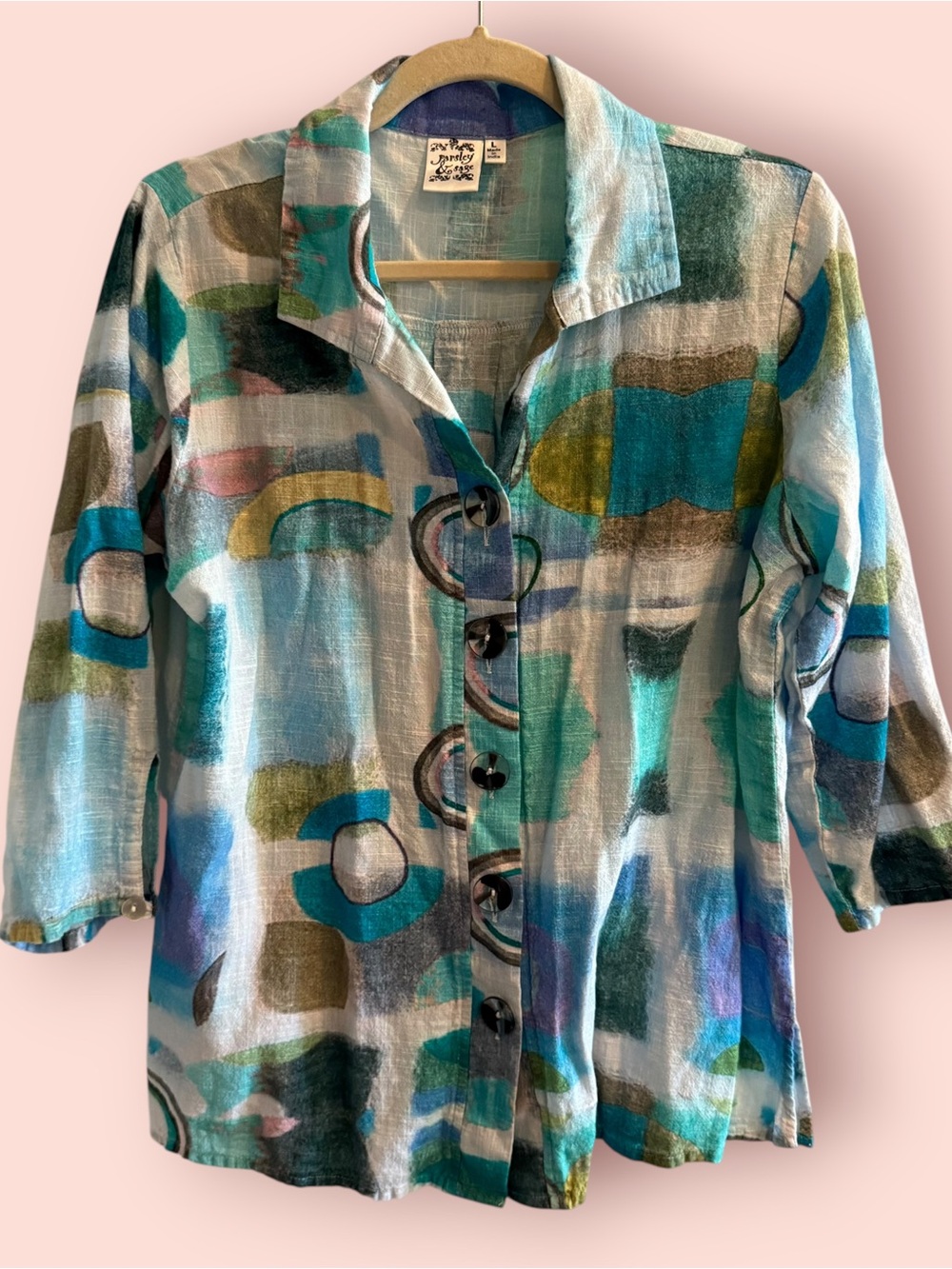 Parsley & Sage Abstract Art Linen Look Cotton Button Up Top